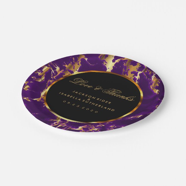 Black, Gold and Purple Marble Paper Plates (Angled)
