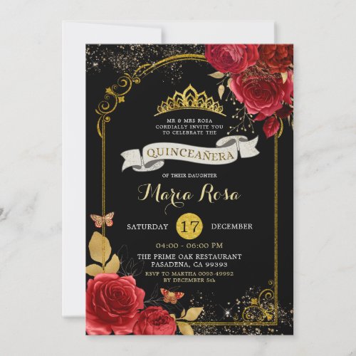 Black Gold And Red Roses Royal Crown Quinceaera Invitation