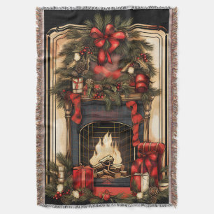 Black Gold and Red Vintage Fireplace Garland Throw Blanket