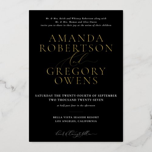 Black  Gold And Script Elegant Wedding Invitation Foil Invitation