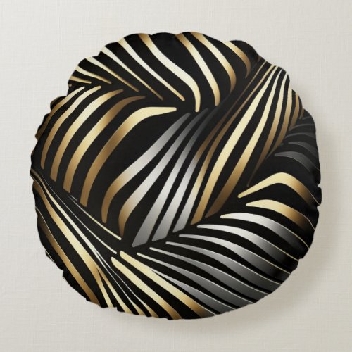 Black gold and silver abstract round pillow