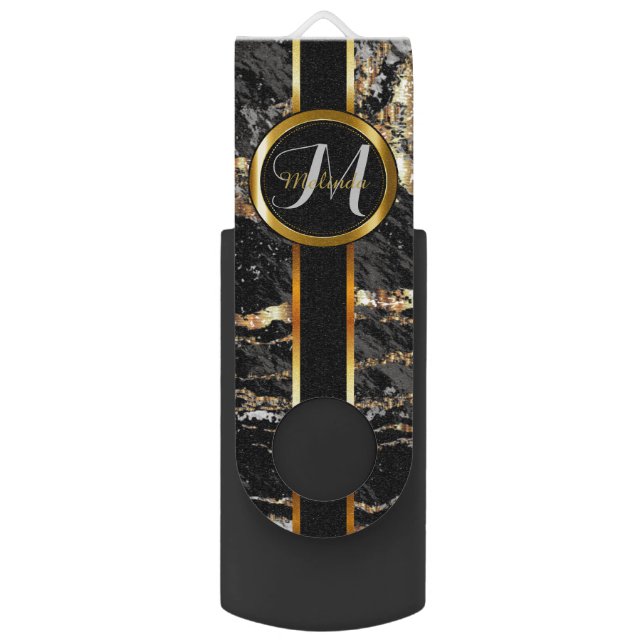 Black, Gold and Silver Marble Flash Drive (Back (Vertical))