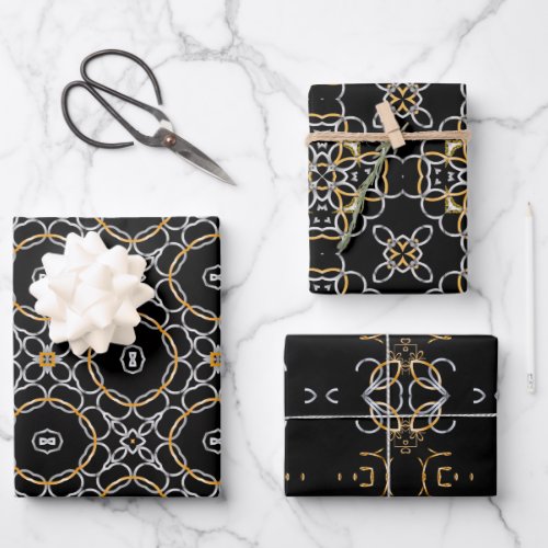 Black Gold And Silver Metallic Ornaments Patterns Wrapping Paper Sheets