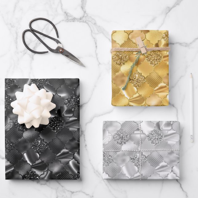 Black, Gold and Silver Moroccan Quatrefoil Wrapping Paper Sheets (Front)