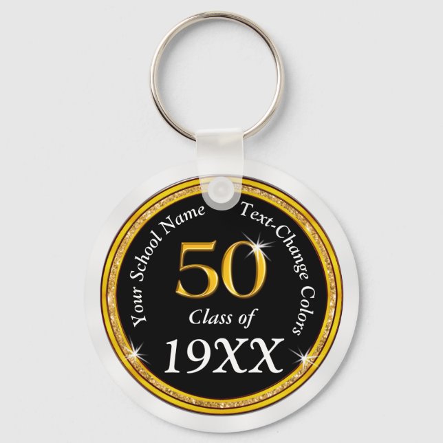 Black, Gold and White 50th Class Reunion Favors Keychain (Front)