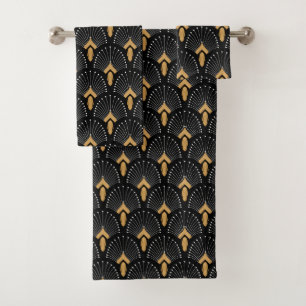 Black, Gold and White Art Deco Fan Flower Motif Bath Towel Set