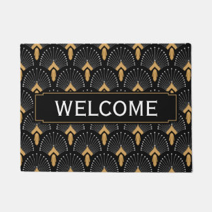 Black, Gold and White Art Deco Fan Flower Motif Doormat