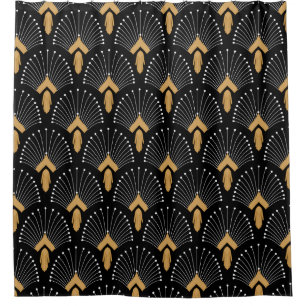 Black, Gold and White Art Deco Fan Flower Motif Shower Curtain