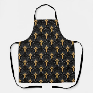 Black, Gold and White Art Deco Fan Flowers Motif Apron