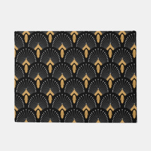 Black, Gold and White Art Deco Fan Flowers Motif Doormat