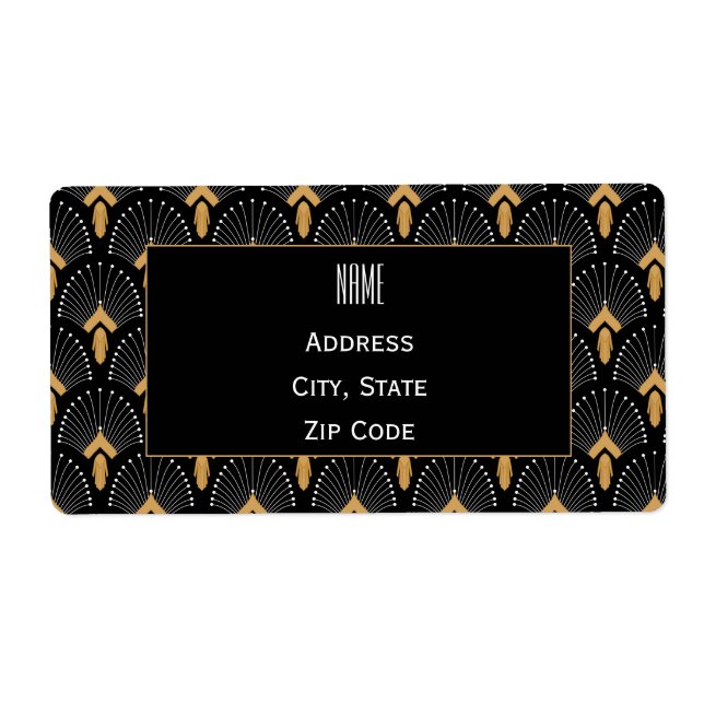 Black, Gold and White Art Deco Fan Flowers Motif Label (Front)