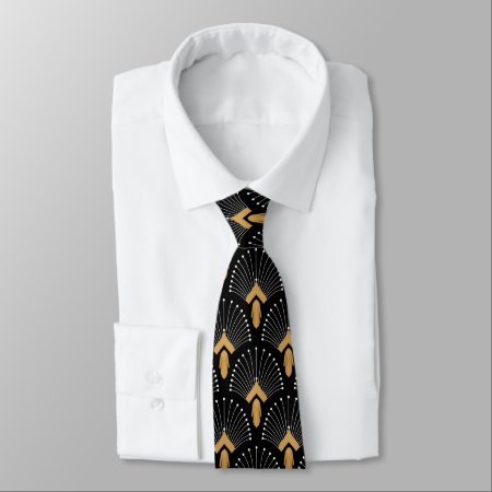 Black, Gold And White Art Deco Fan Flowers Motif Neck Tie