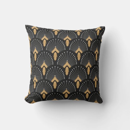 Black Gold and White Art Deco Fan Flowers Motif Outdoor Pillow
