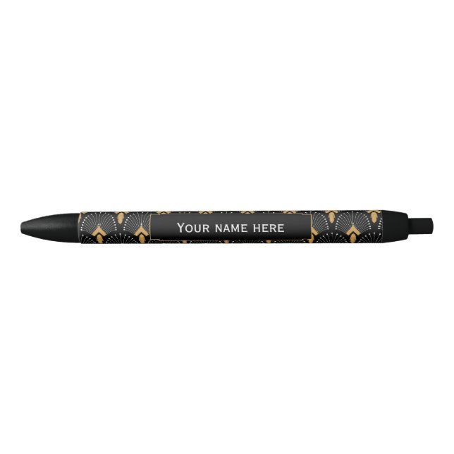 Black, Gold and White Art Deco Fan Flowers Motif Pen (Front)