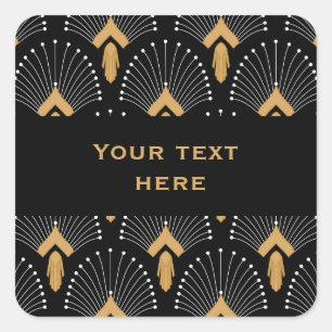 Black, Gold and White Art Deco Fan Flowers Motif Square Sticker