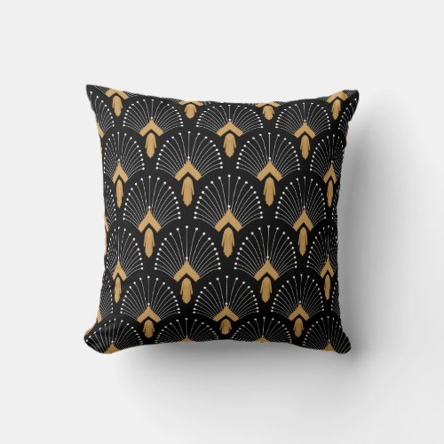Black Gold and White Art Deco Fan Flowers Motif Throw Pillow