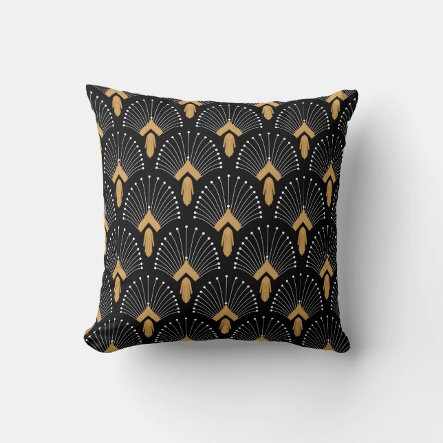 Black, Gold and White Art Deco Fan Flowers Motif Throw Pillow (Front)