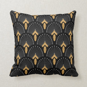 Black, Gold and White Art Deco Fan Flowers Motif Throw Pillow