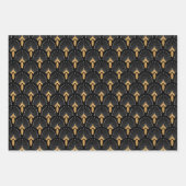 Black, Gold and White Art Deco Fan Flowers Motif Wrapping Paper Sheets (Front)