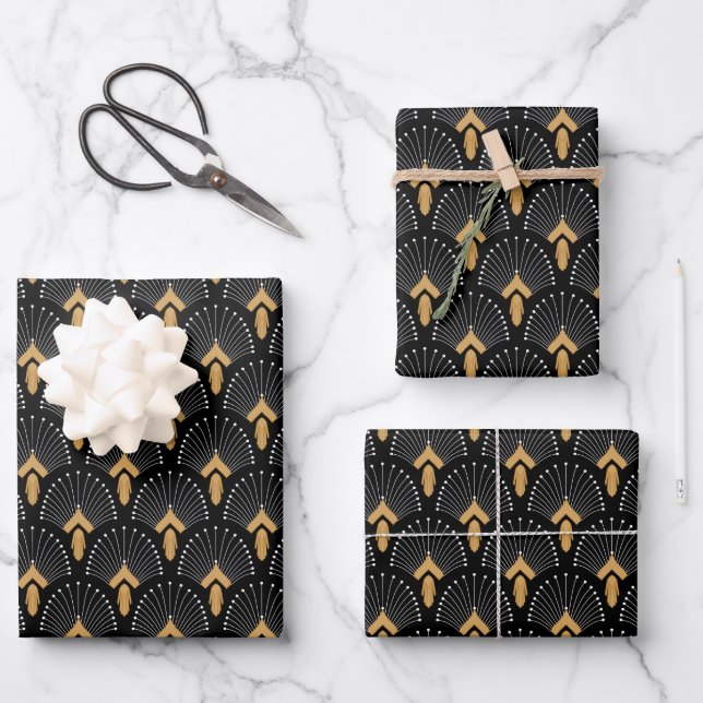 Black, Gold and White Art Deco Fan Flowers Motif Wrapping Paper Sheets (Front)