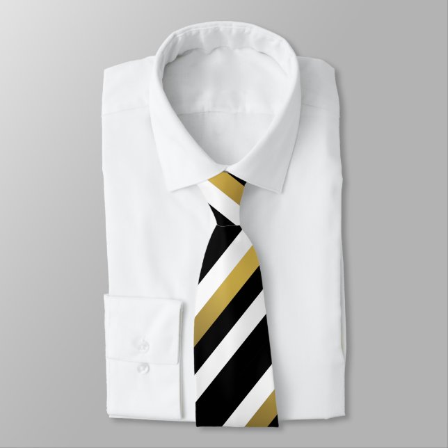 Black gold and white diagonal stripes pattern neck tie (Tied)
