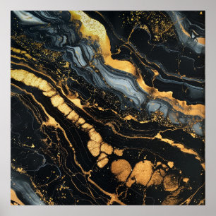 Black, gold and white fluid abstract poster