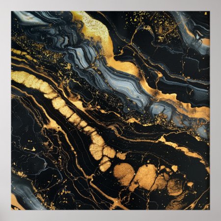 Black, Gold And White Fluid Abstract Poster