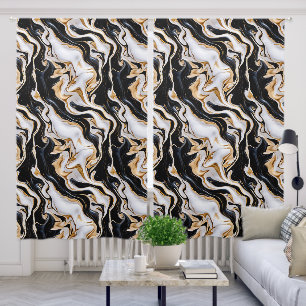 Black, Gold and White Marble Pour Painting Effect Blackout Curtains