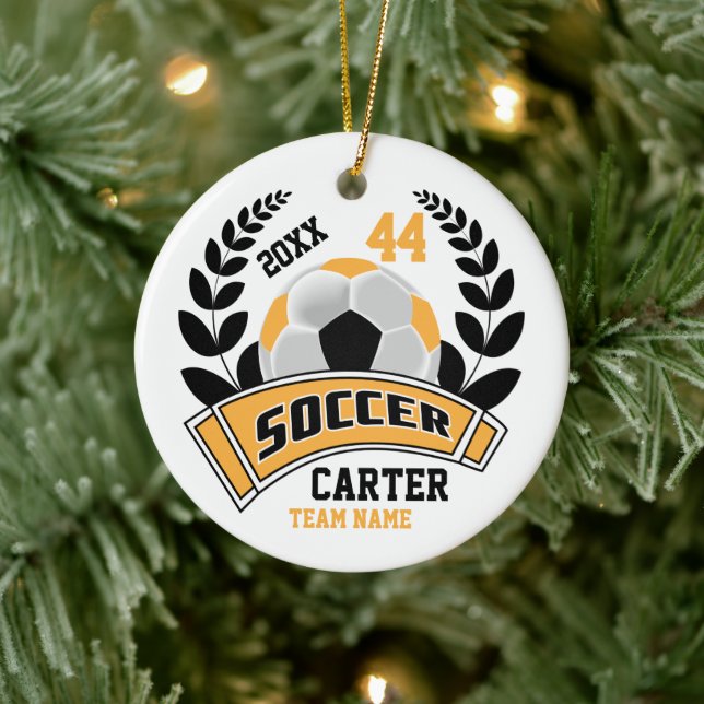 Black, Gold and White Personalize Soccer  ⚽ Ceramic Ornament (Tree)