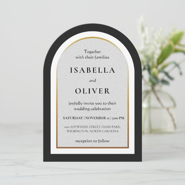 Black gold and white simplistic wedding invitation (Standing Front)