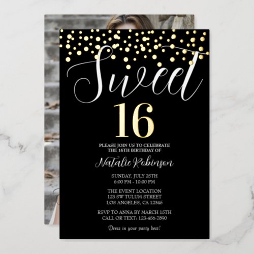 Black Gold and White Sweet 16 Confetti with Photo Foil Invitation