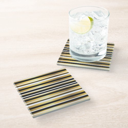 Black Gold and White Vintage Stripes Glass Coaster