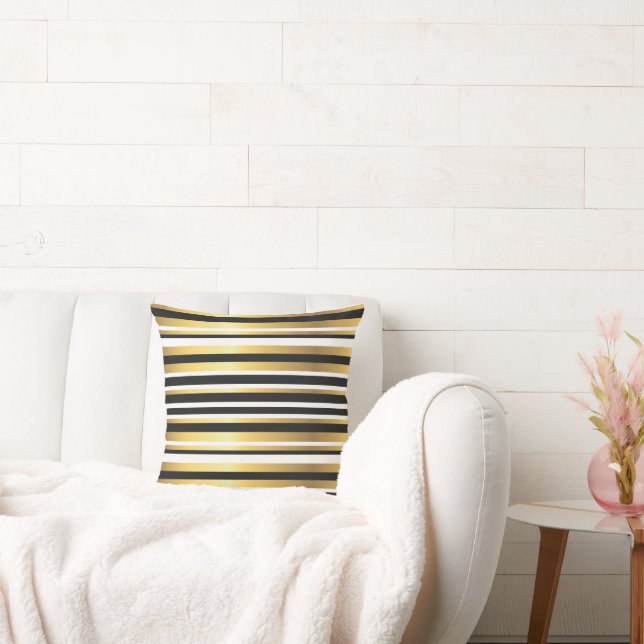 Black, Gold and White Vintage Stripes Throw Pillow (Couch)