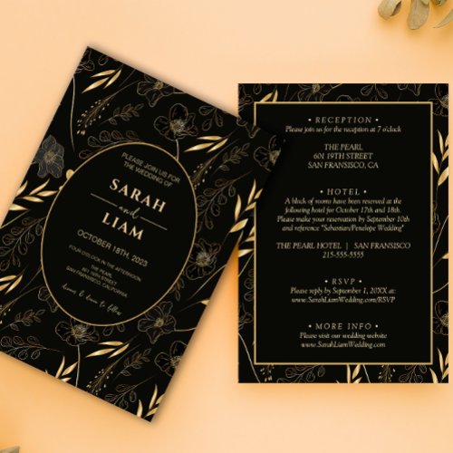 Black  Gold Anemone Wildflower All In One Wedding Invitation