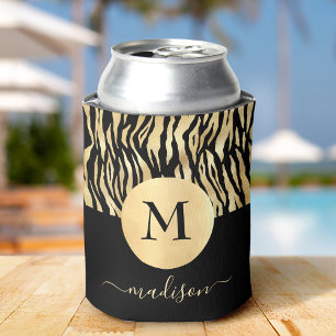 Black Gold Animal Print Monogram Name Glam Chic Can Cooler