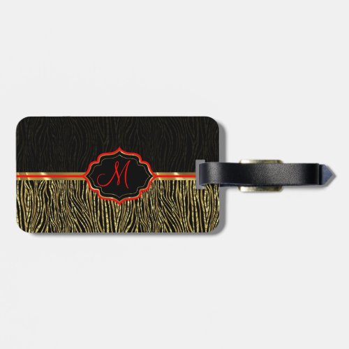 Black  Gold Animal Print Zebra Pattern 2 Monogram Luggage Tag