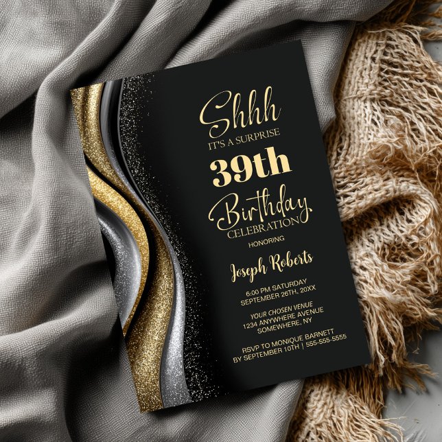 Black Gold Any Age Surprise Birthday Party Invitation (Creator Uploaded)