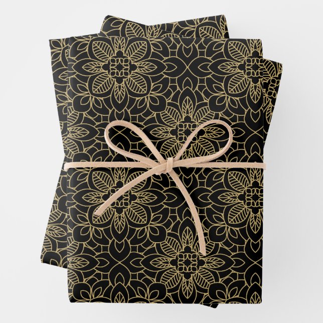 Black Gold Arabesque Islamic geometric patterns Wrapping Paper Sheets (In situ)