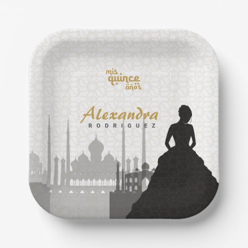 Black  Gold Arabian Quinceaera Paper Plates