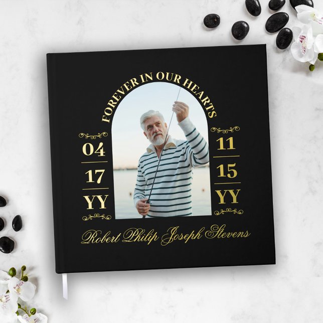 Black Gold Arch Photo Forever In Our Hearts Foil Guest Book (Creator Uploaded)