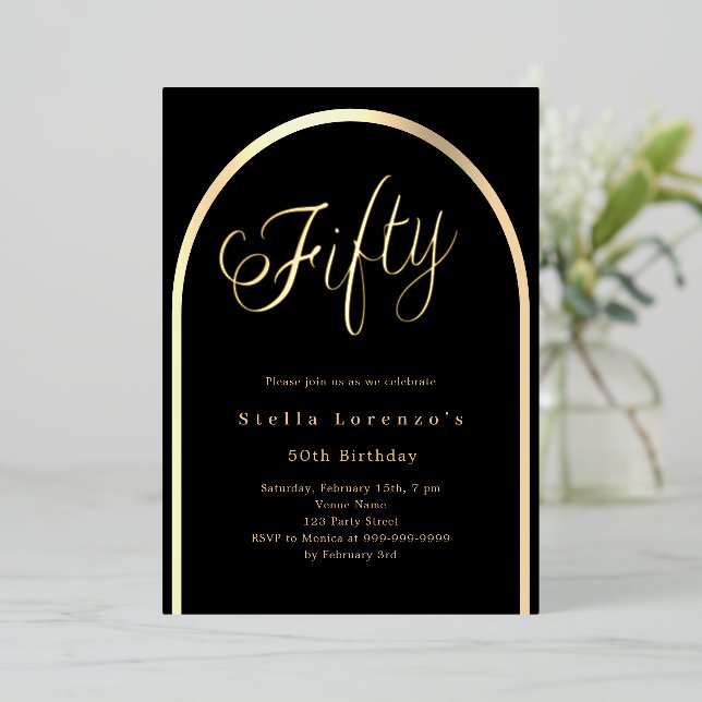 Black gold arch script 50th birthday luxury foil invitation (Standing Front)