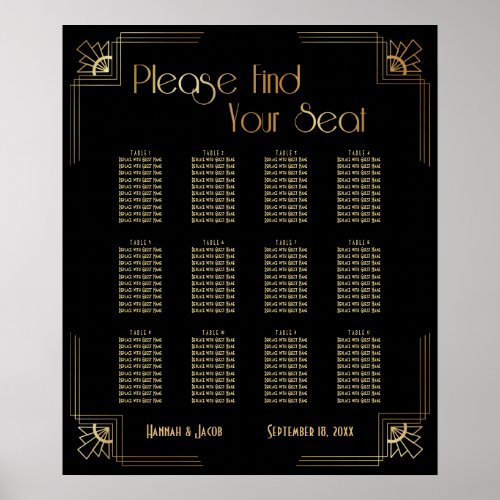 Black  Gold Art Deco 12 Tables Seating Chart