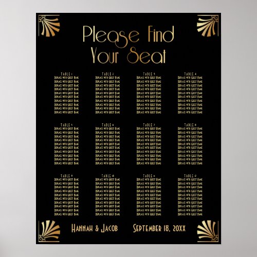 Black  Gold Art Deco 12 Tables Seating Chart