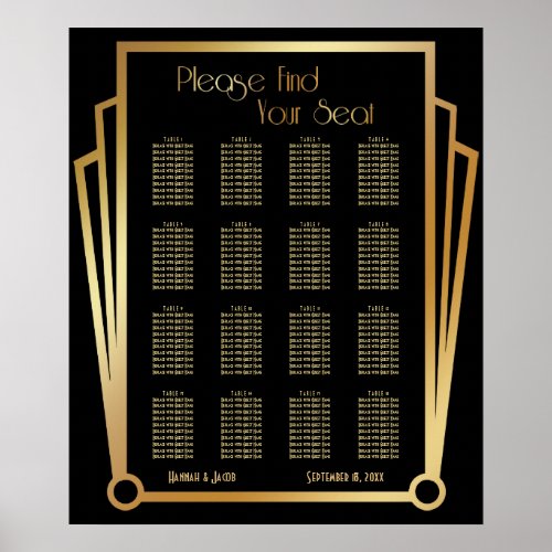 Black  Gold Art Deco 16 Tables Seating Chart