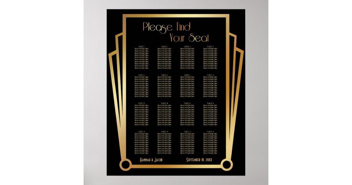 black-gold-art-deco-16-tables-seating-chart-zazzle