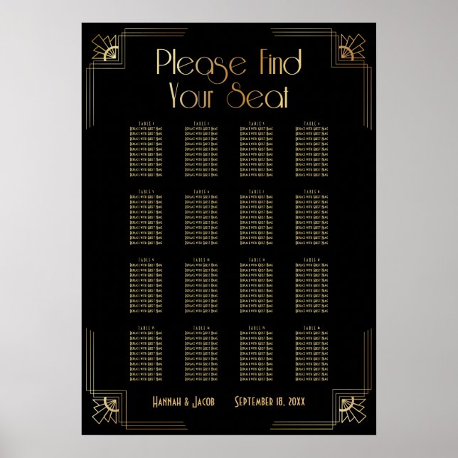 Black & Gold Art Deco 16 Tables Seating Chart (Front)