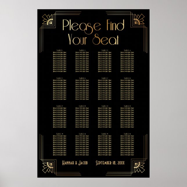 Black & Gold Art Deco 16 Tables Seating Chart (Front)