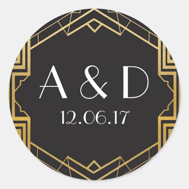 Black & Gold Art Deco 1920's Round Stickers Label (Front)