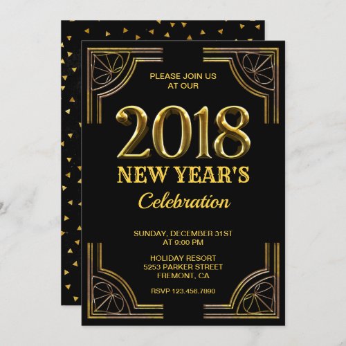 Black Gold Art Deco 2018 New Years Eve Party Invitation