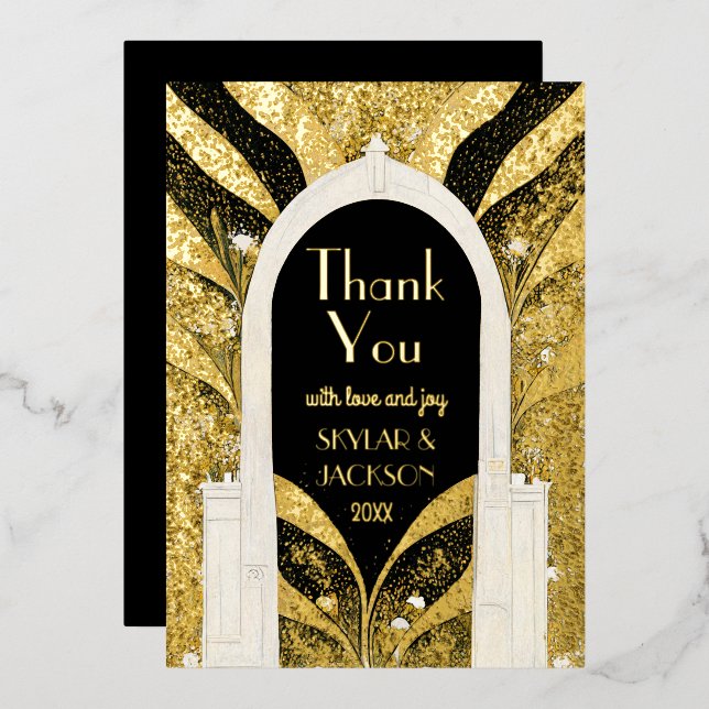 Black & Gold Art Deco Archway Wedding Thank You Foil Invitation (Front/Back)